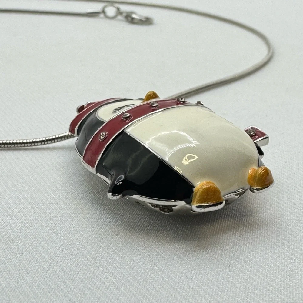 Silver Tone Enamel Penguin Necklace Winter Holiday Cute Boho Long Snake Chain